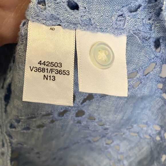 Womens Lands End Blue Linen Tunic Eyelet Capiz Shell Buttons Summer Beach Resort - Picture 8 of 12